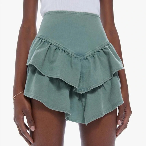Mother The Ruffle Mini Skirt Size 30 Loden Frost Green Denim Tiered Side Zip - Picture 1 of 11